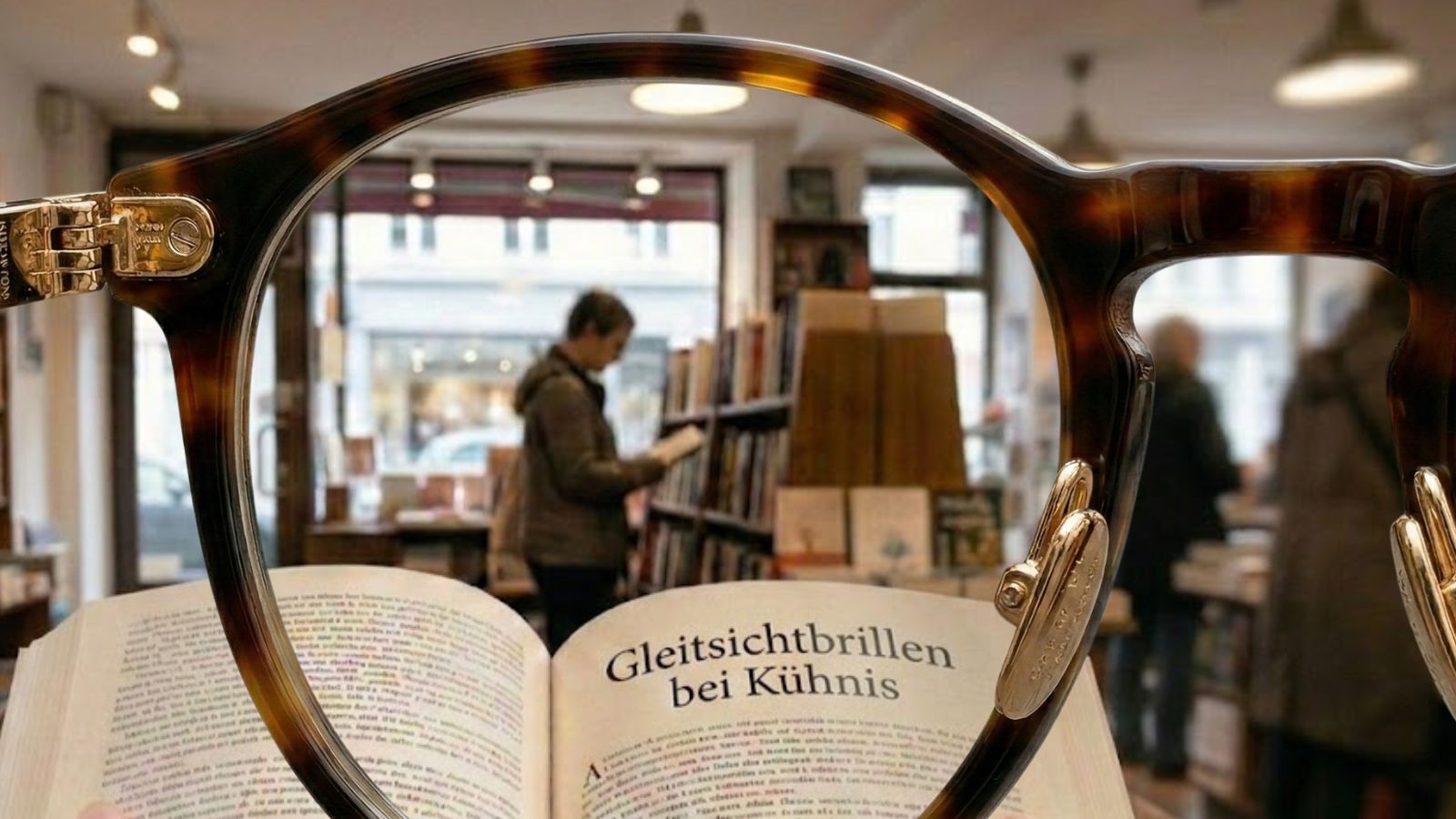 Blick durch eine Gleitsichtbrille in einer Bücherei: Scharfes Buch im Vordergrund und klare Sicht auf die Bücherregale in der Ferne.